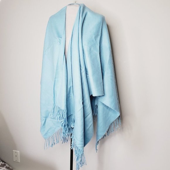 Vintage Wool Touch Korea Fringe Poncho Bohemian Warm Sky Blue OS - Picture 2 of 9